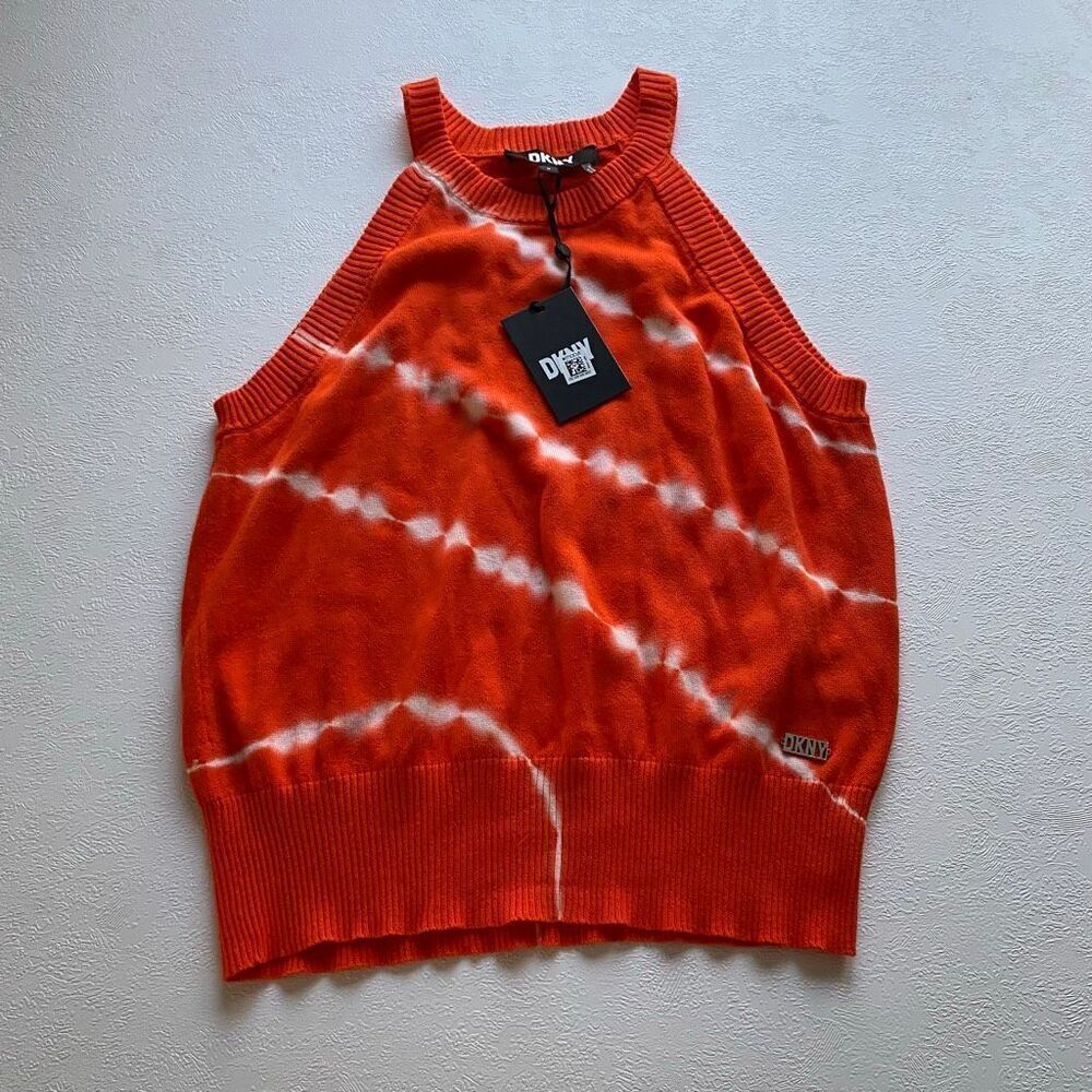 DKNY Tie Dye Knit Tank Top Medium NWT Orange Sleeveless Sweater MSRP $79
